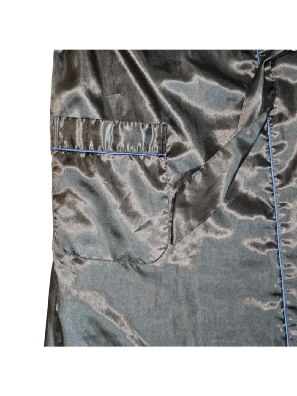 VTG Mens Satin Robe Black Blue Trim Sz One Size Mid-length Shiny Sexy‎